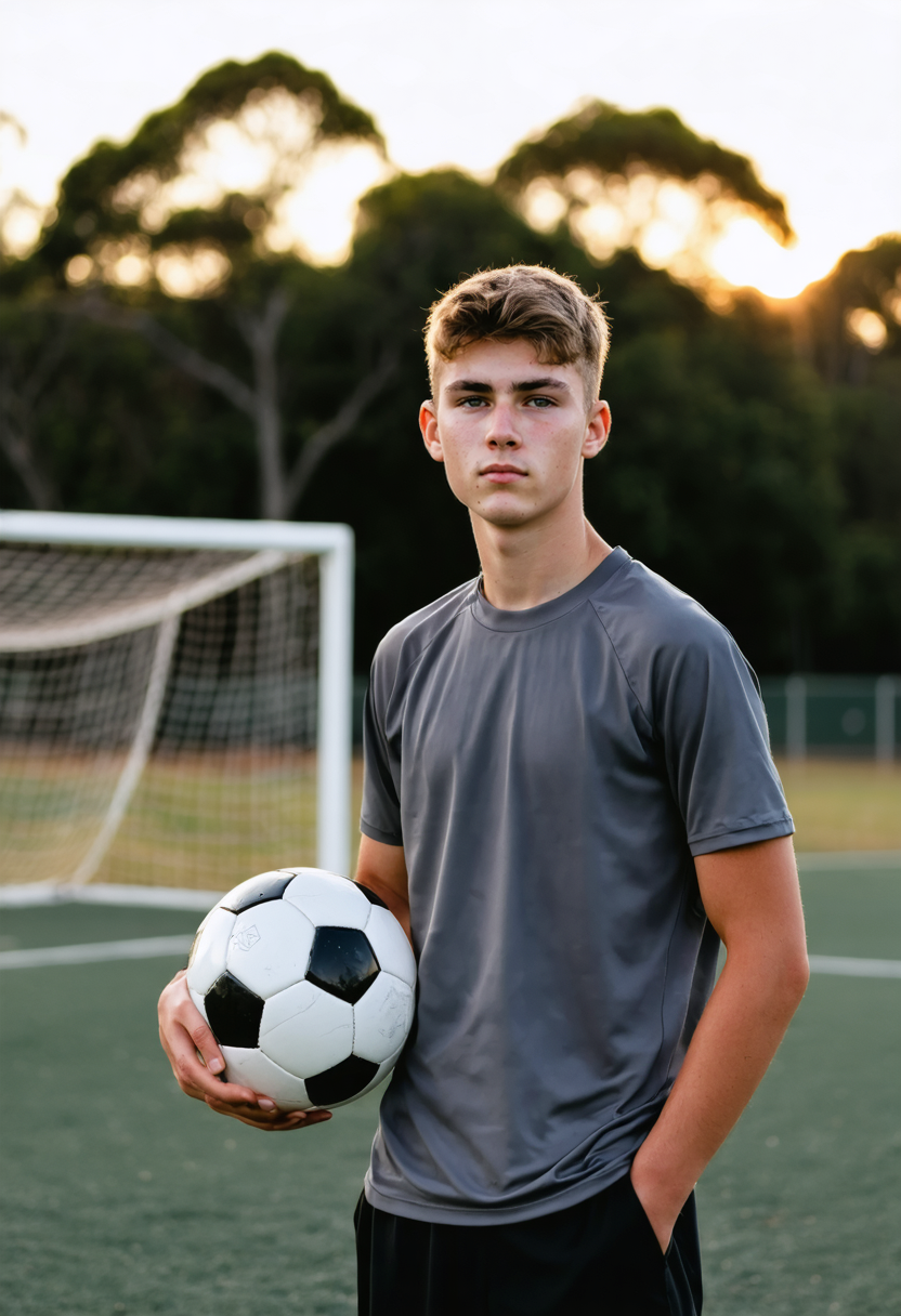 A young academy footballer at dusk
