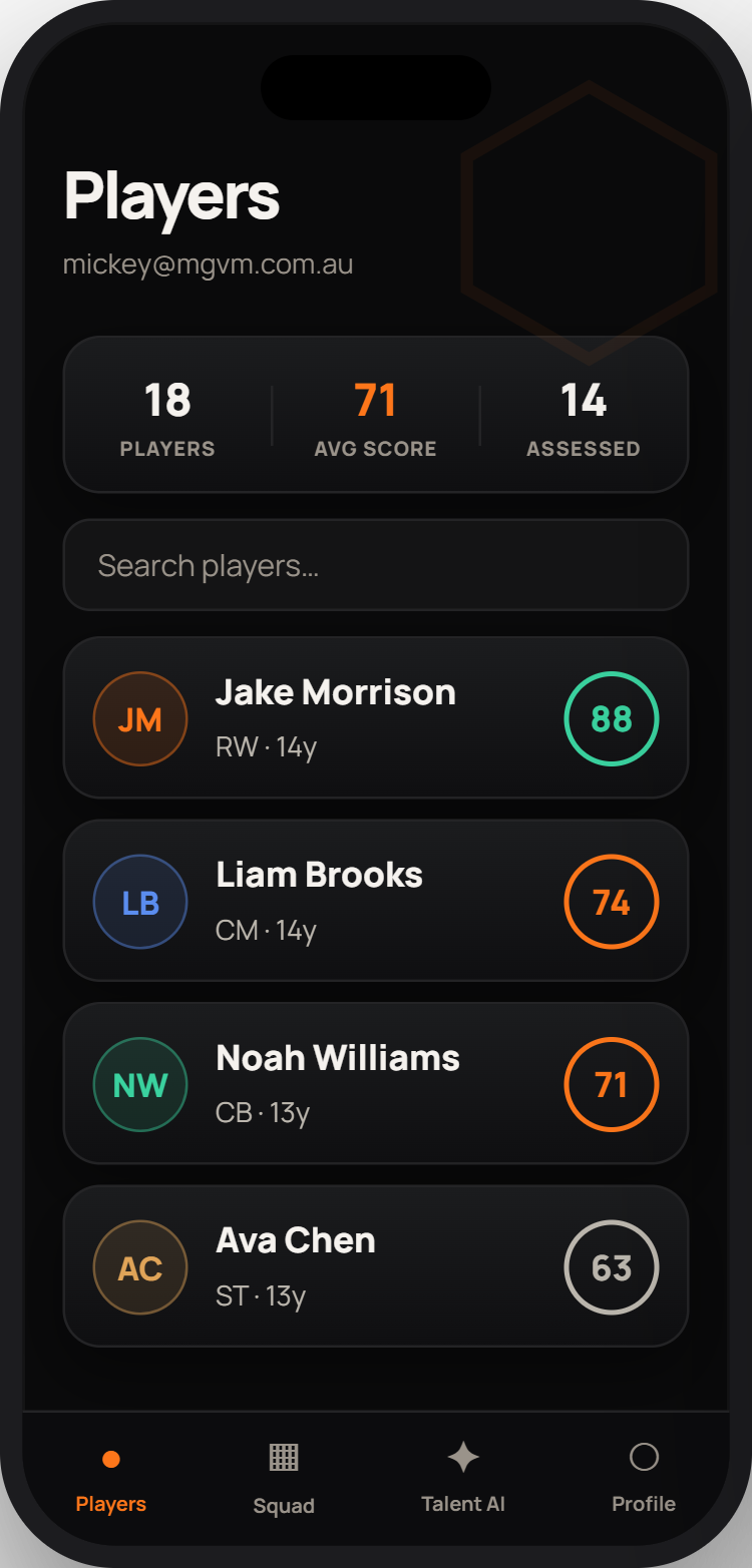 MGVM mobile app — squad players list