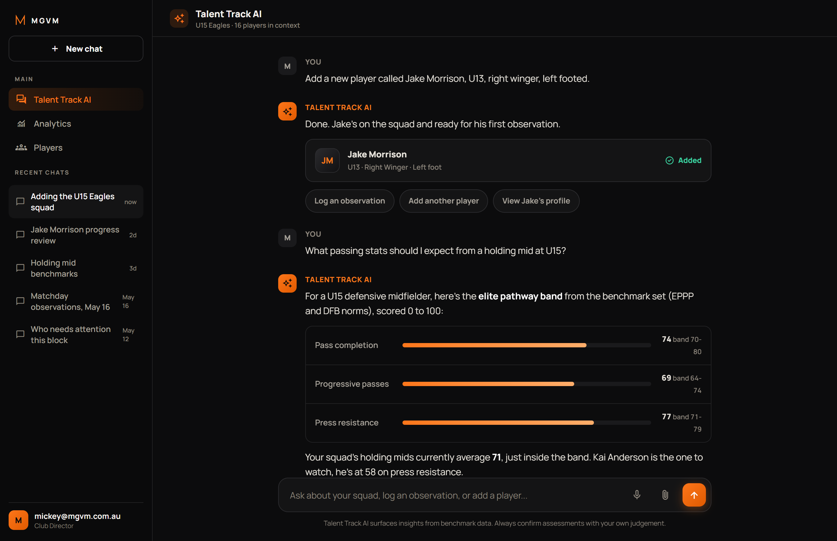 Talent Track AI — assess players by chatting with the AI